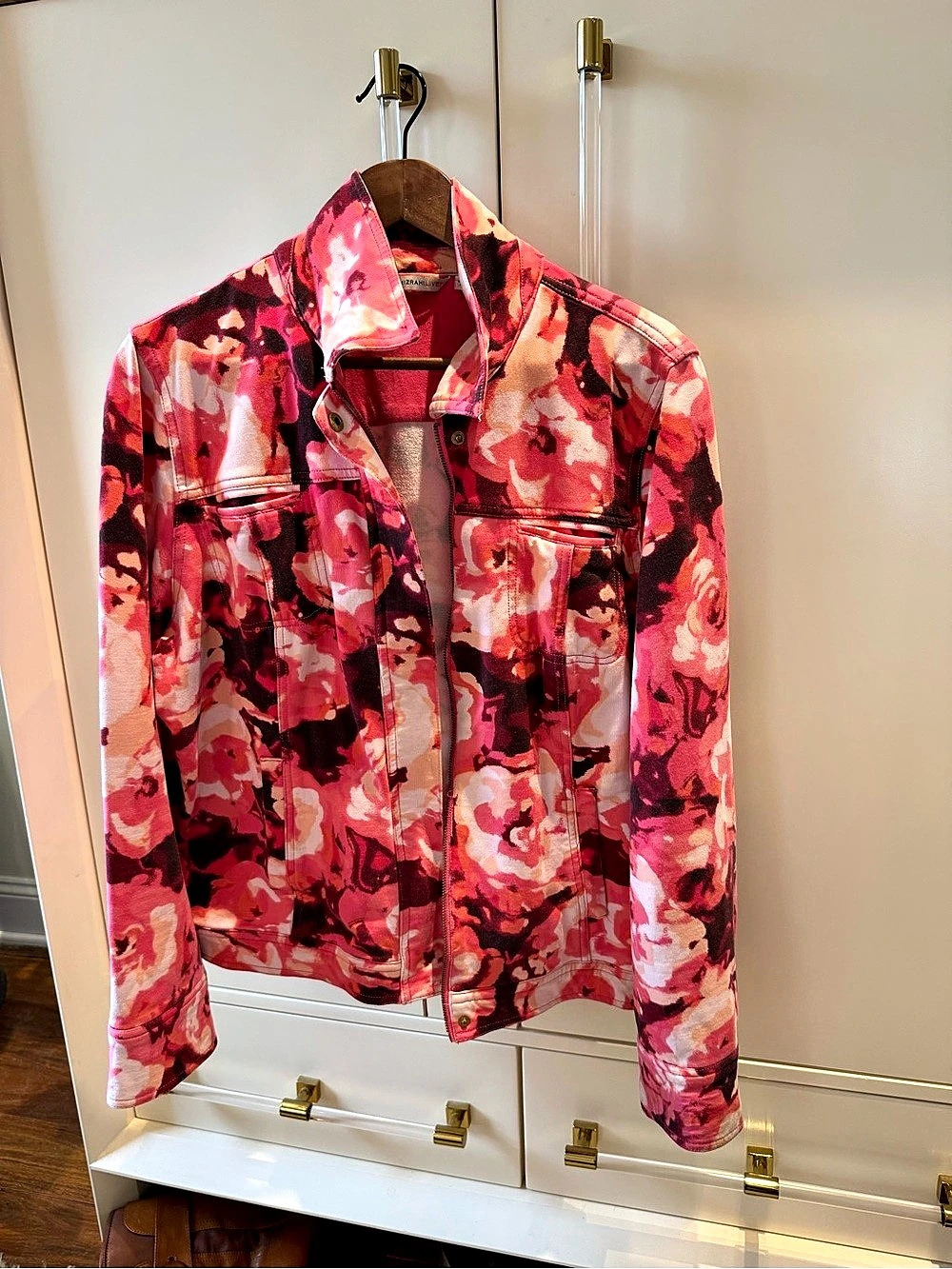 Isaac Mizrahi Live! Floral Denim Jacket in Pink, Red & Burgundy- Size L